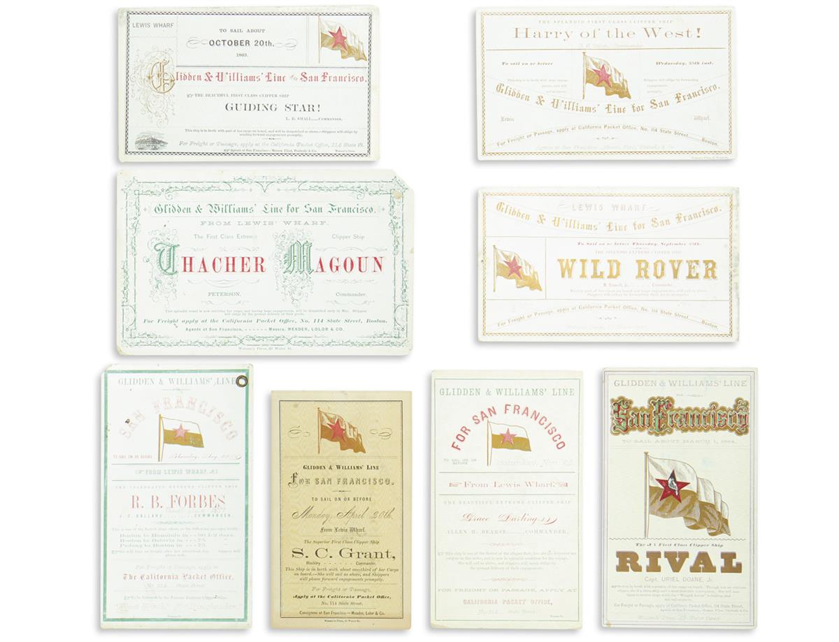 (CALIFORNIA.) Group of 8 clipper ship cards from the Glidden & Williams Line.